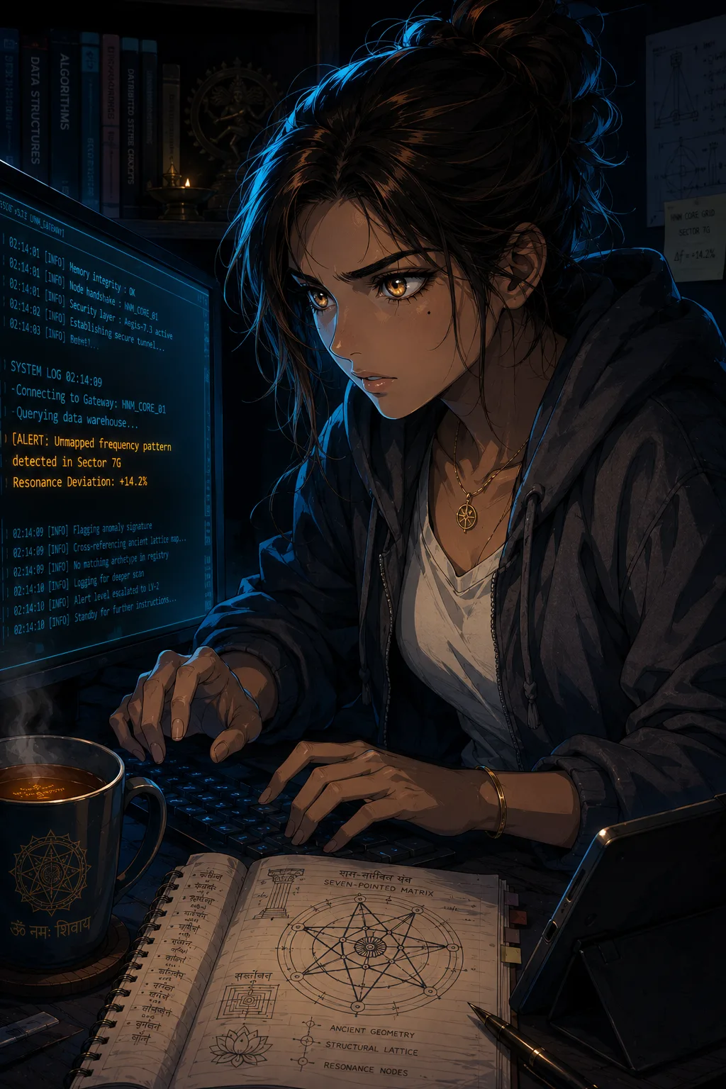 Late-night coder in a tech-mystic world — ANANTA concept art